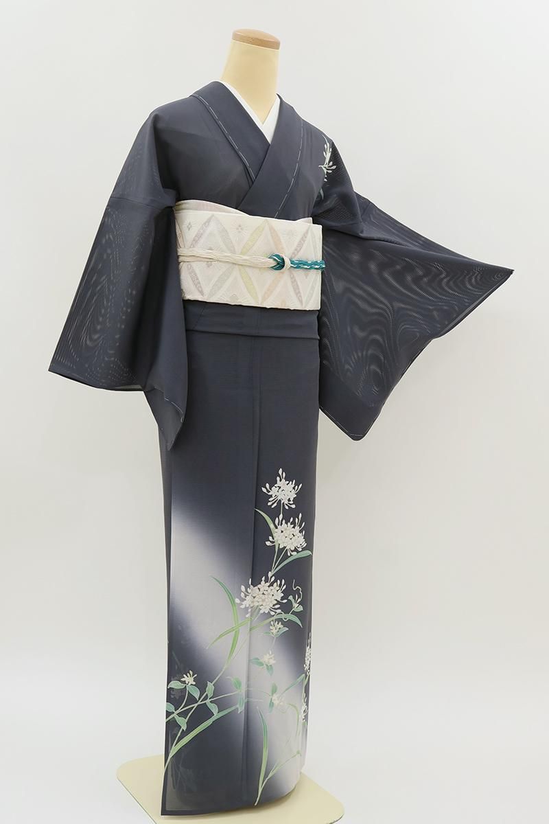 あおき【B-4172】絽 付下げ 紺鼠色 野の花の図（反端付） :身丈162/裄