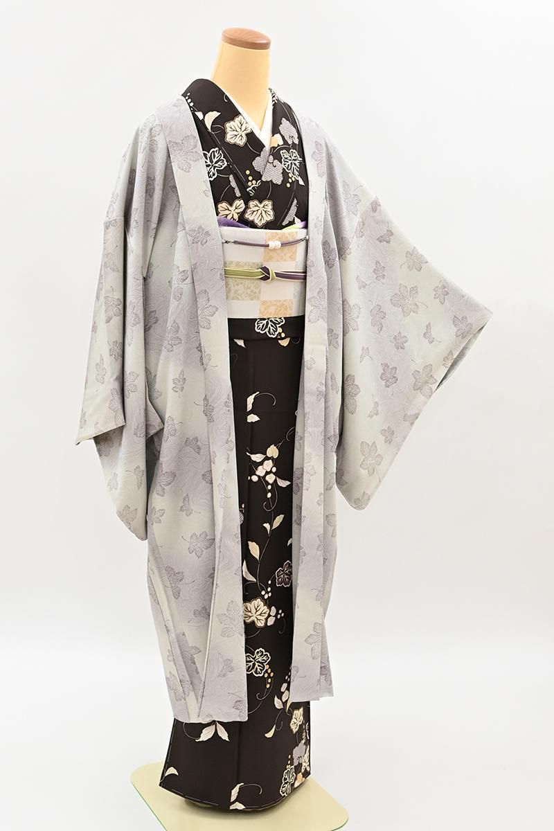 銀座【E-2332】羽織 灰白色 墨流しに梶の葉 :身丈113/裄72/広め - 銀座