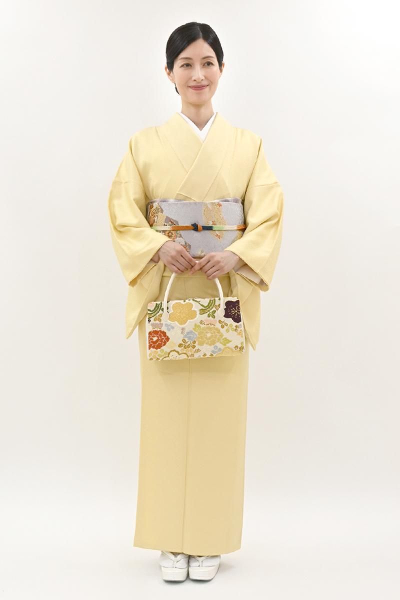 銀座【C-3265】色無地 淡い支子色 装飾菱文の地紋(反端付)（N）:身丈