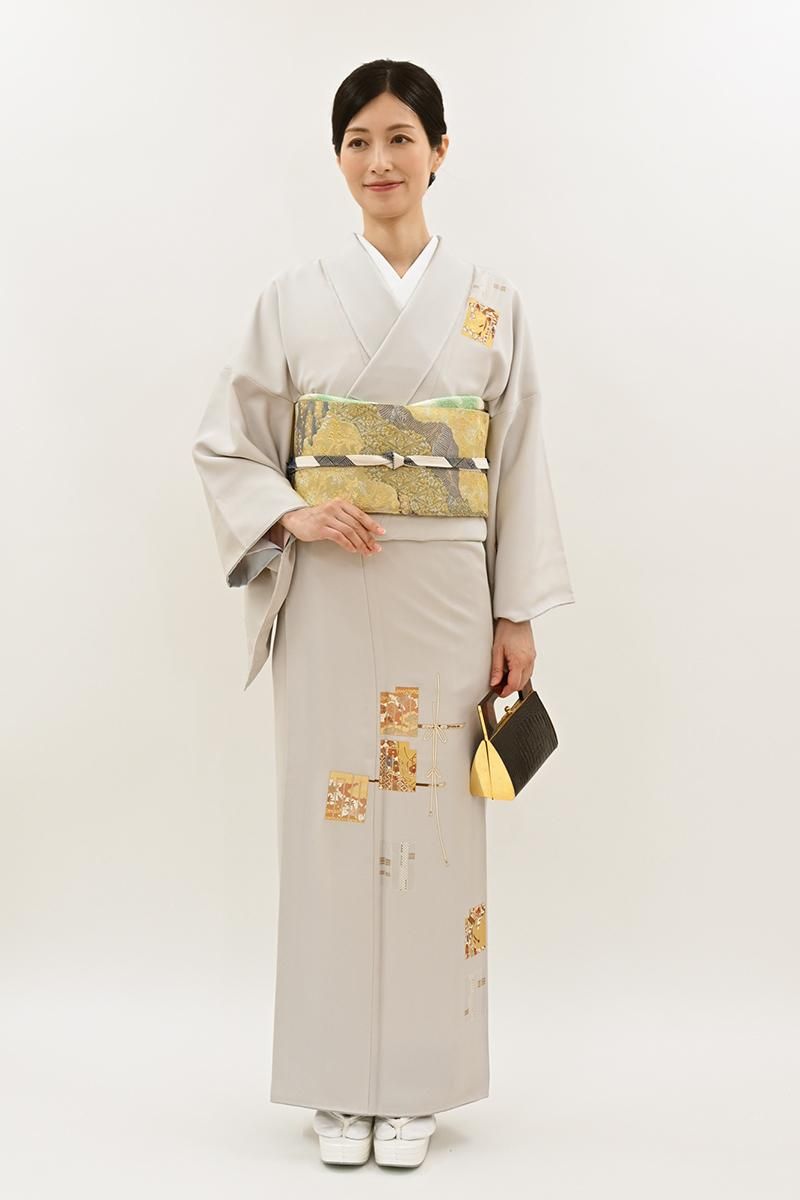 銀座【B-4223】付下げ 淡い桜鼠色 源氏香に四季花など :身丈158.5/裄68