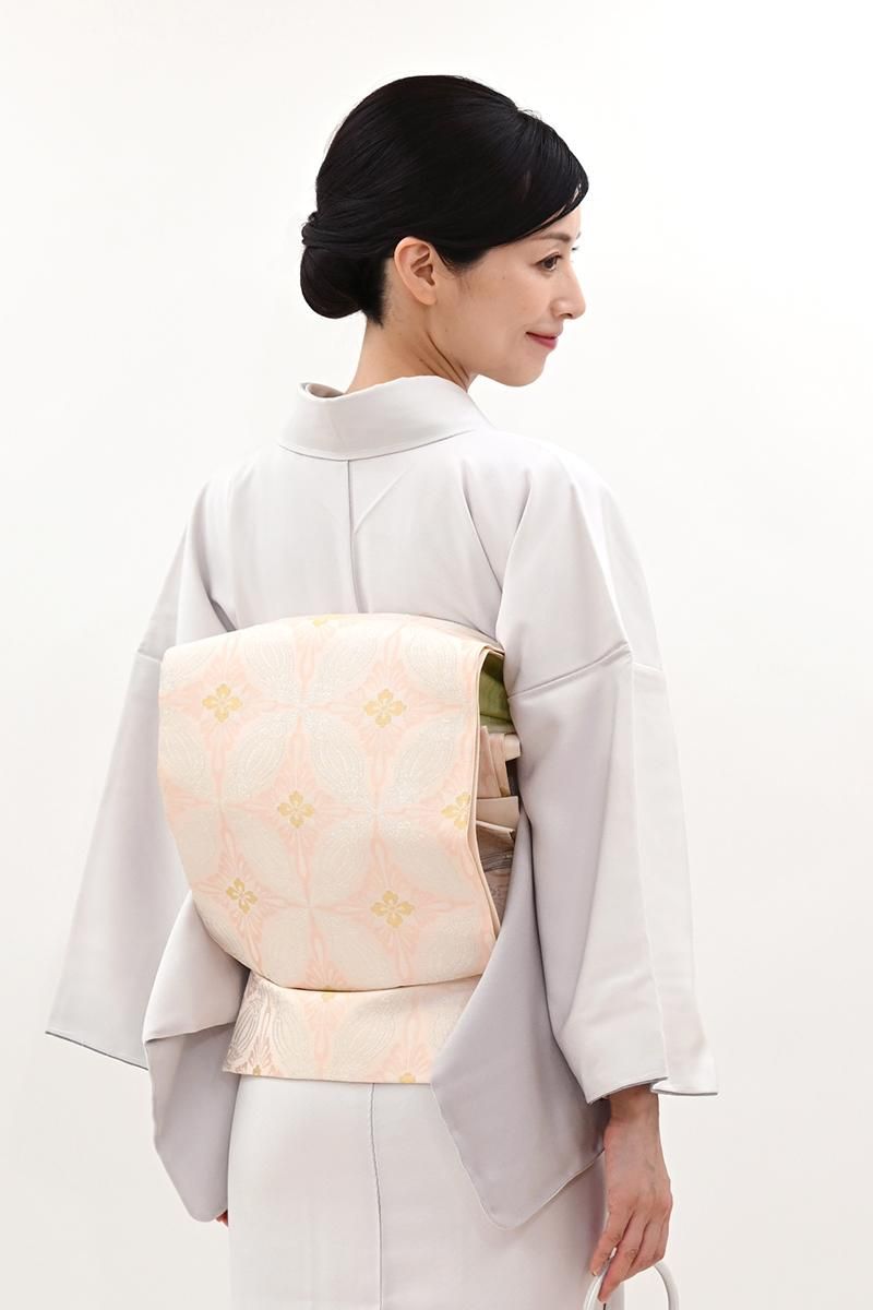 銀座【L-8394】袋帯 シェルピンク 鳥襷文（落款入・千切屋扱い