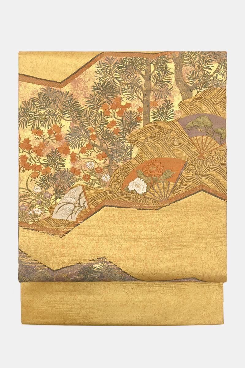 あおき【帯5748】西陣 梅垣織物製 袋帯 金地 銘「宗達屏風文」（桐箱付