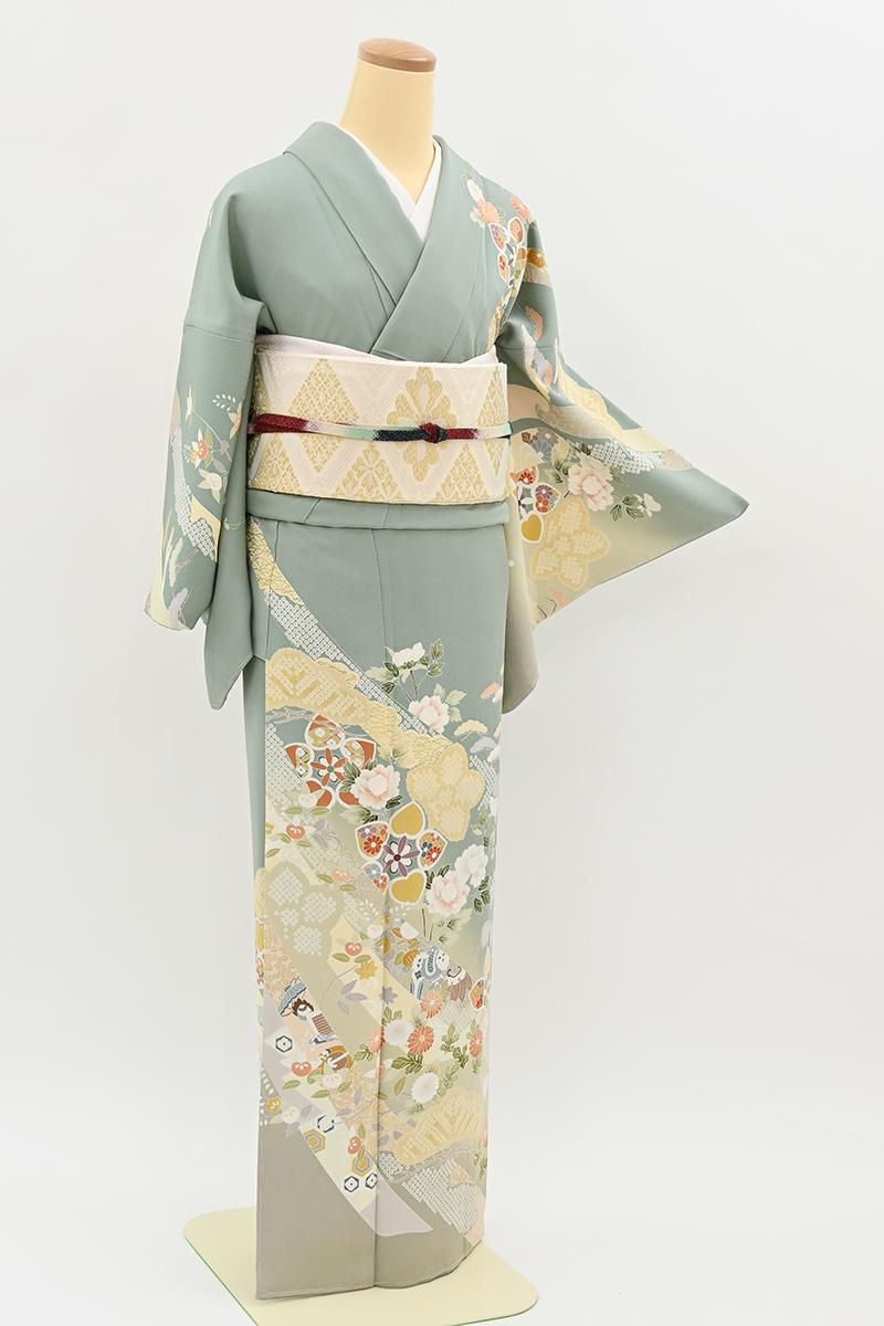 銀座【B-4335】訪問着 錆青磁色 四季花の図 :身丈159/裄66.5 - 銀座