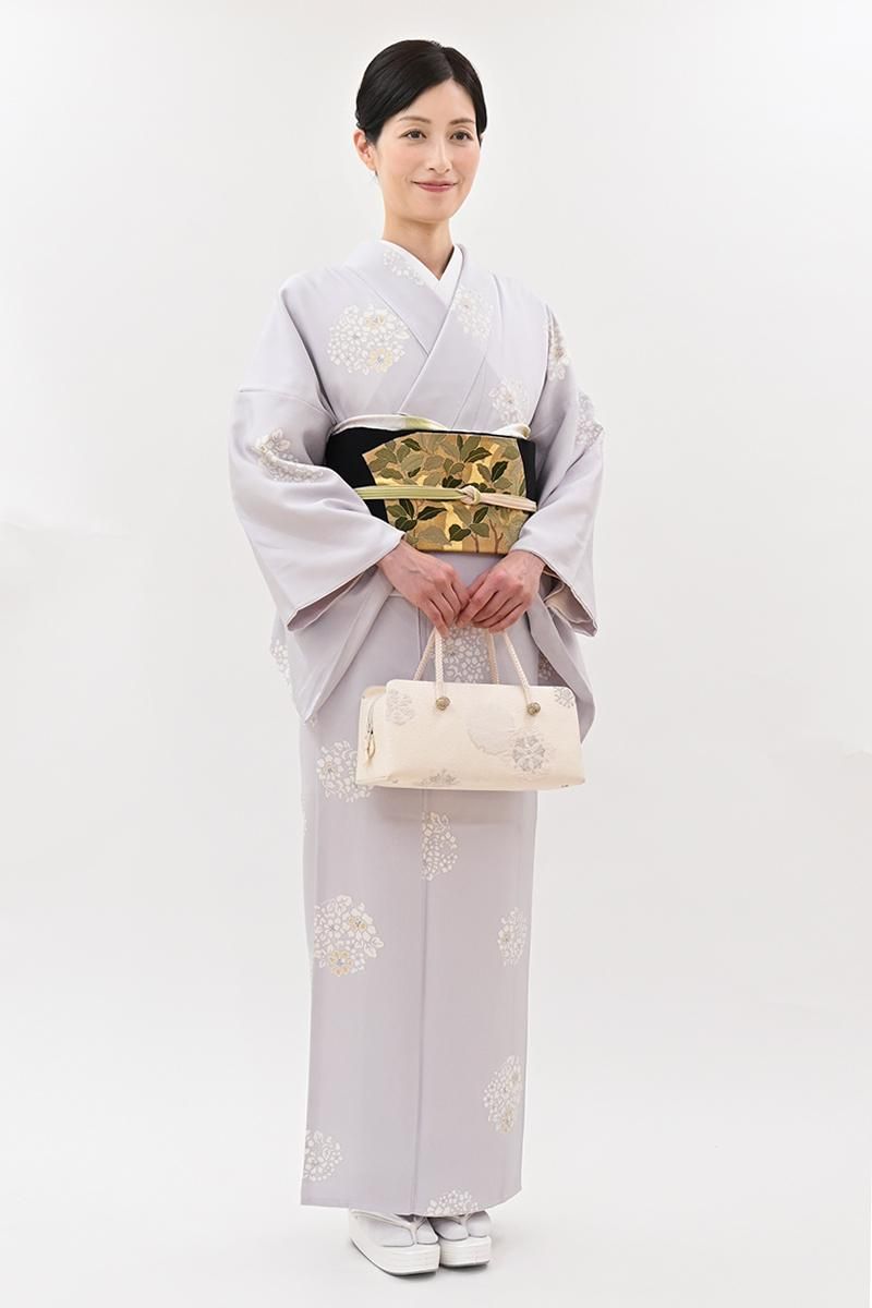 銀座【D-3968】吉澤友禅 小紋 白梅鼠色 唐花の丸（反端付） :身丈160