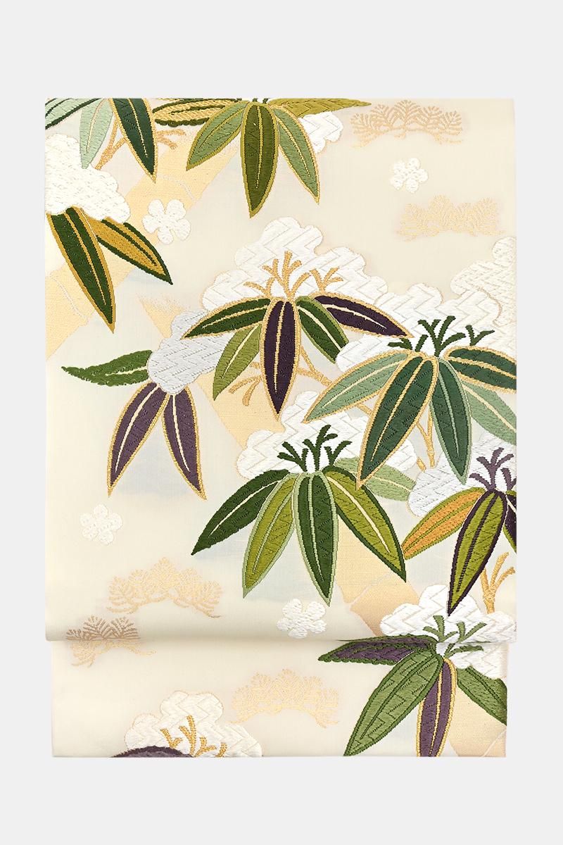 銀座【帯5807】西陣 織文意匠鈴木製 唐綾錦 袋帯 白色「雪中若竹文様