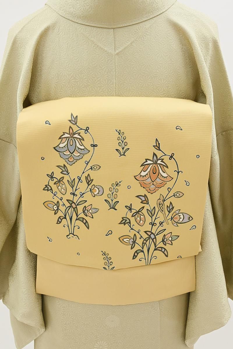 銀座【H-0866】塩瀬地 開き染名古屋帯 玉蜀黍色 唐花文（三越扱い