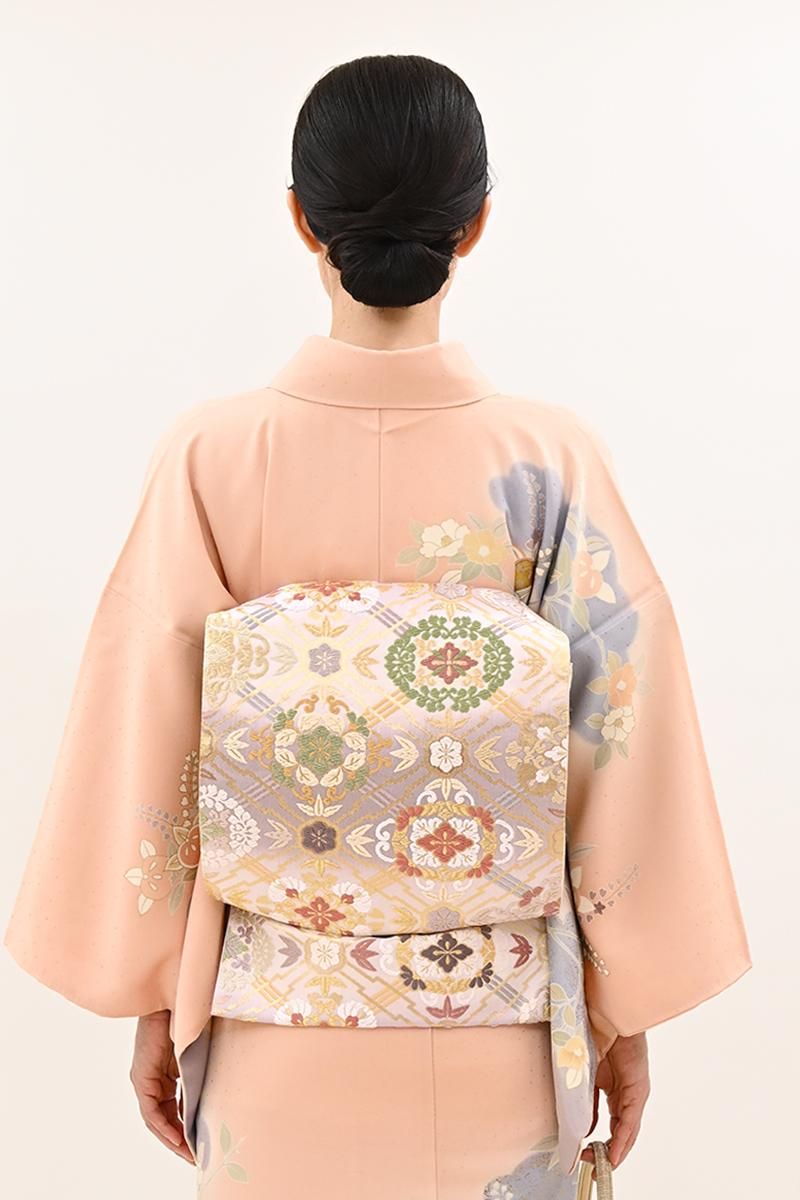 銀座【L-8655】袋帯 素色×牡丹鼠色 斜め格子に花菱文 - 銀座きもの青木