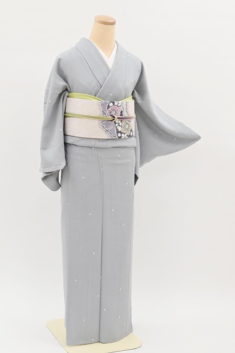 銀座【D-4025】紬地 絞り染め 小紋 白銅色 抽象文 :身丈158/裄66