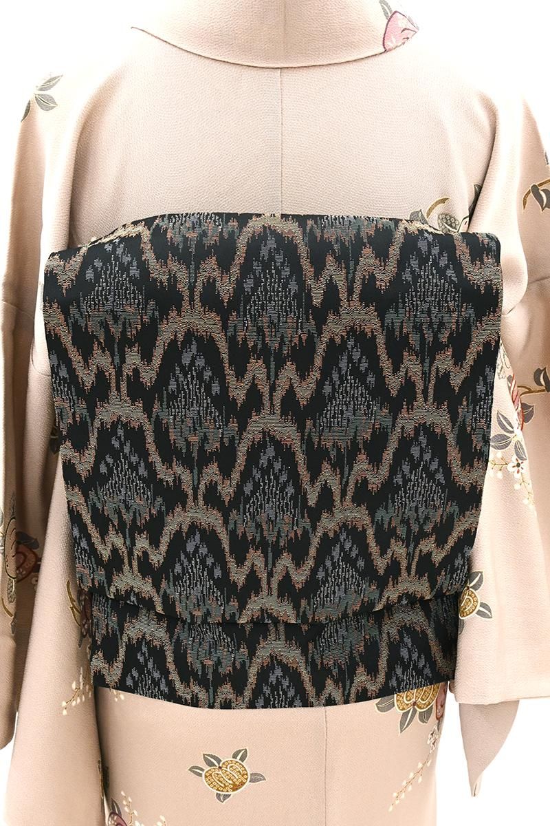 銀座【H-0955】西陣 川島織物製 開き織名古屋帯 黒色 太子間道（落款入