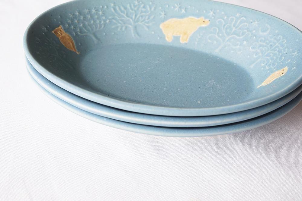 ア41 ブルーグレー 森のくまの楕円鉢 - 益子焼の小さな窯元