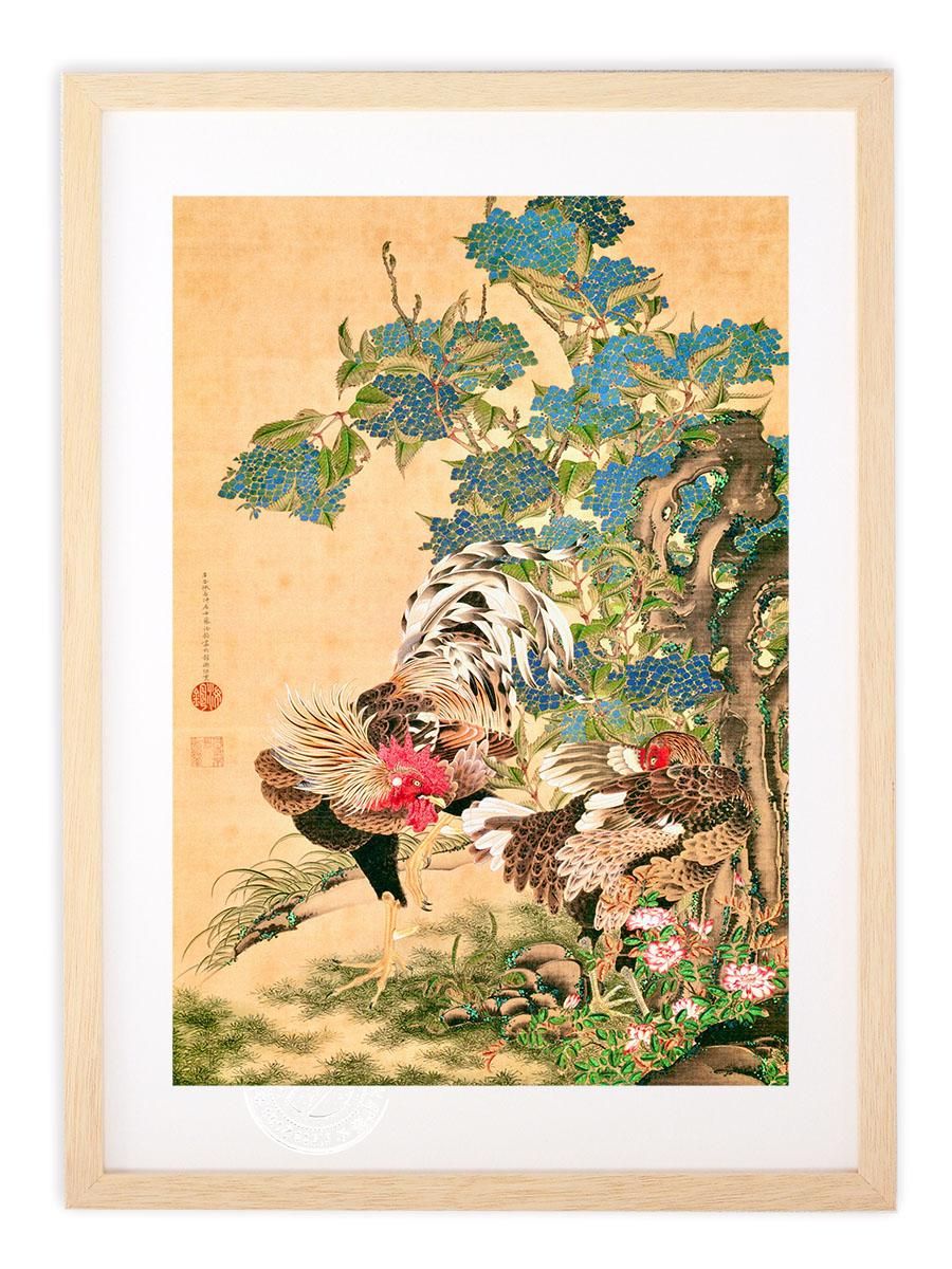 版画 絵画 名画 日本画 紫陽花双鶏図 伊藤若冲 インテリア 壁掛け 額