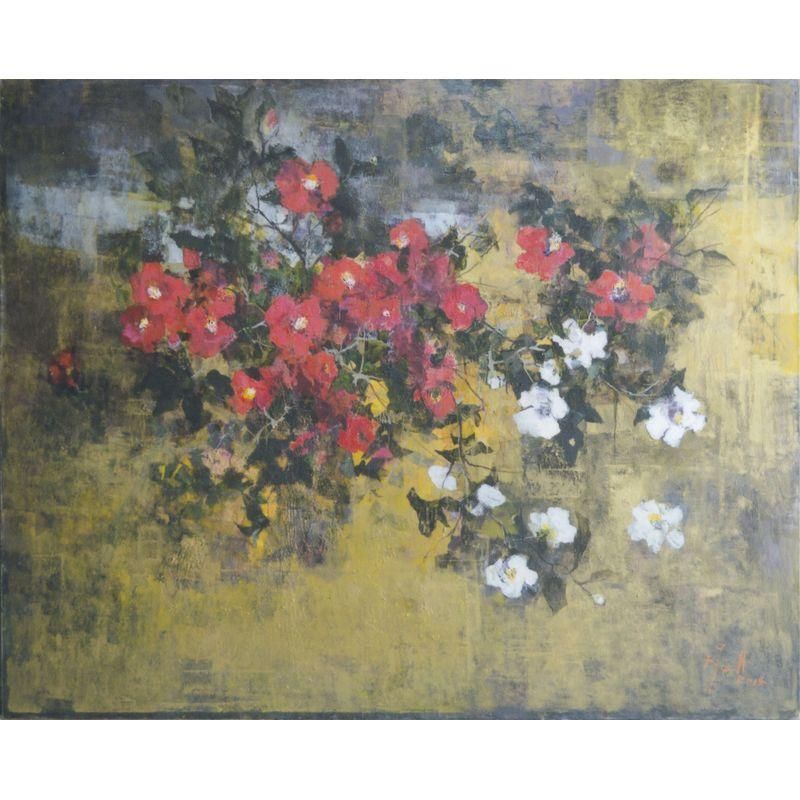 羽倉恭子 「紅白椿花」 油彩100号 額付き - 一枚の繪オンラインショップ