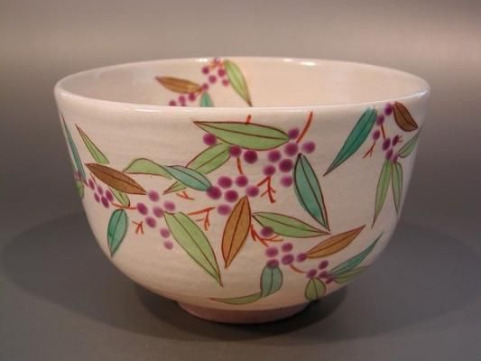 茶道具 抹茶茶碗 粉引 紫式部絵、京焼 伝統工芸士 小倉 亨作 化粧箱