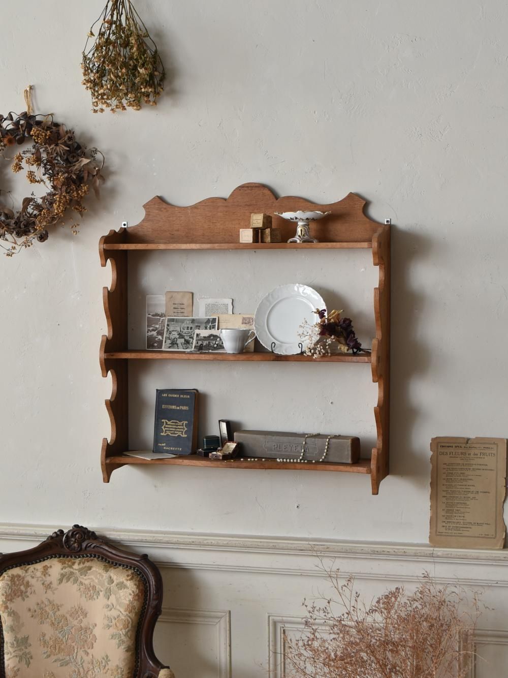 フランスアンティーク木製ウォールシェルフ/壁掛けラック/飾り棚(86