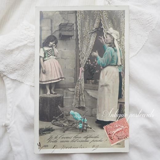 1900年代初頭頃 レア ボルドー色の花摘みの少女の綿布 フランス