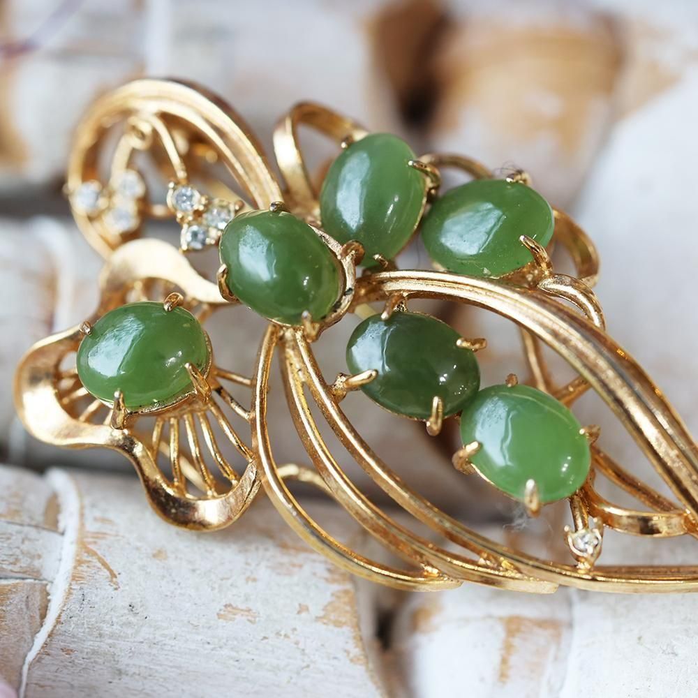 K18 翡翠 グリーン 葉っぱ型 ブローチ 087】ヴィンテージ ブローチ