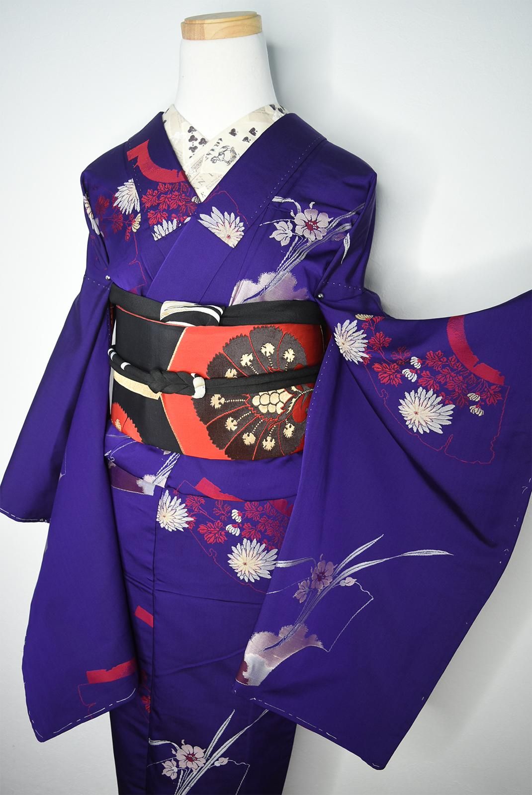 深紫の扇地紙に花美しいアンティーク正絹御召袷着物 - アンティーク
