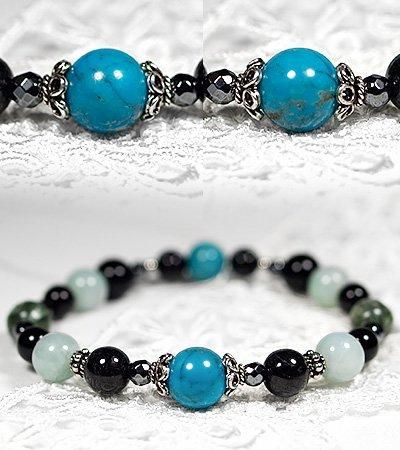 ターコイズと黒翡翠、翡翠、黒水晶の魔よけデザインブレスレットVenus
