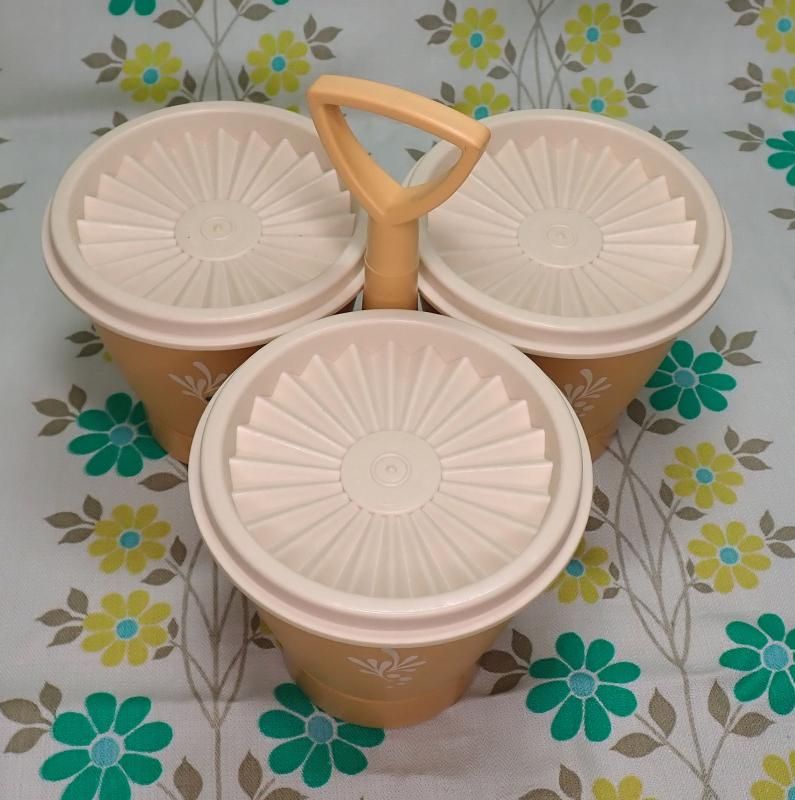 オールドタッパーウェア 3連容器 ワルツ (ホワイト×ベージュ・プリント