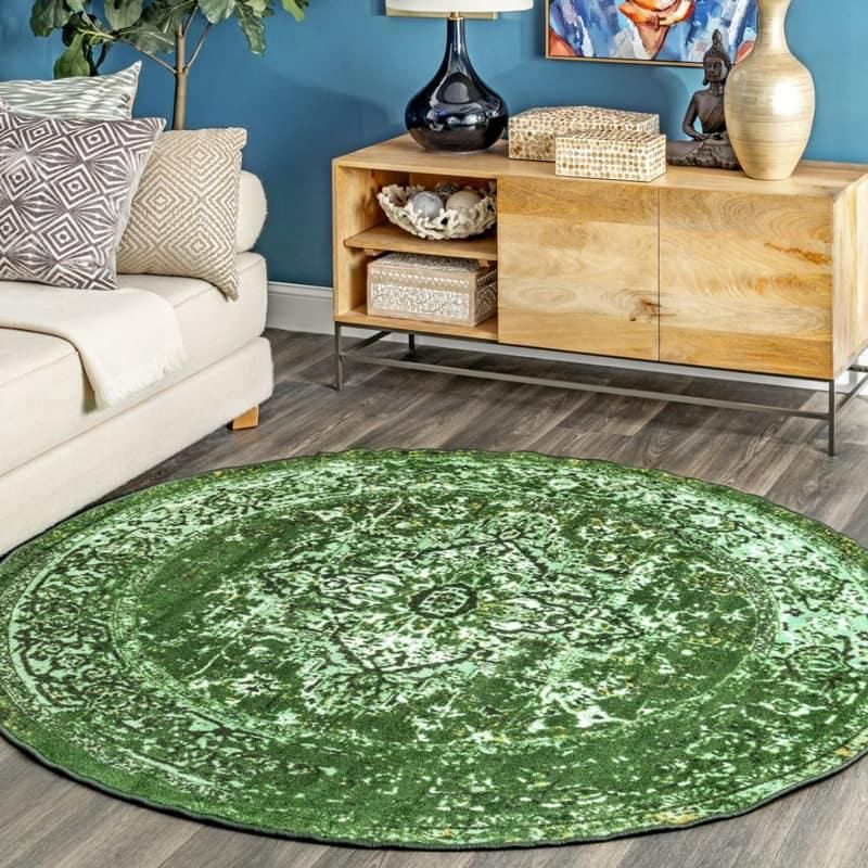 おしゃれ 男前 ペルシャ柄 オーバーダイ ヴィンテージ風ラグ グリーン