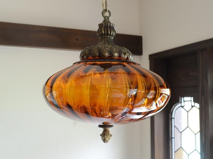 60s ビンテージ LEVITON 吊り下げ式 アンバーガラス ライト ランプ 60s