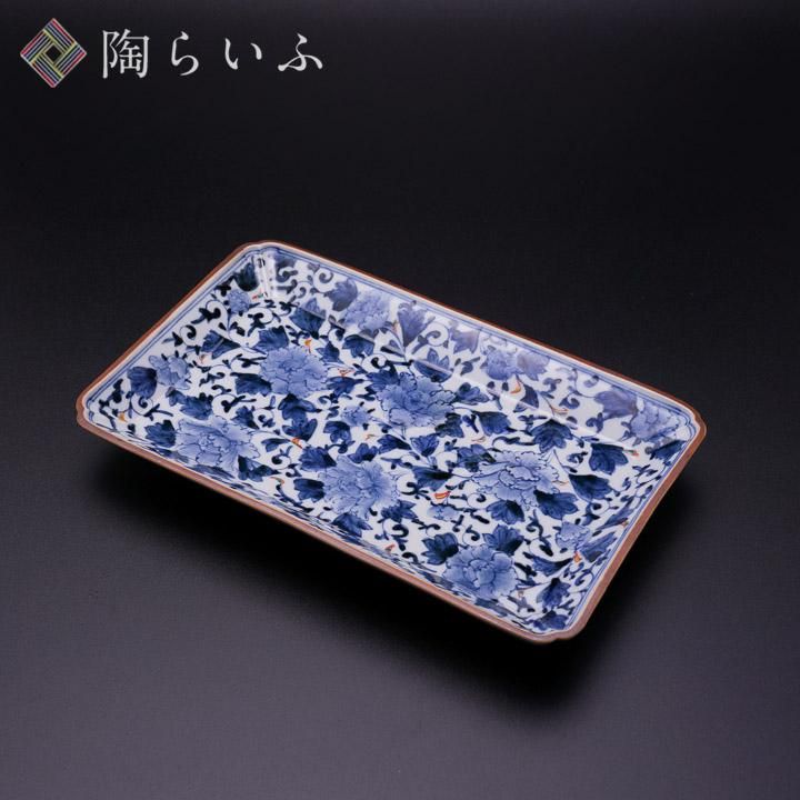 宮内庁御用窯】長角皿 色絵牡丹唐草/山本長左