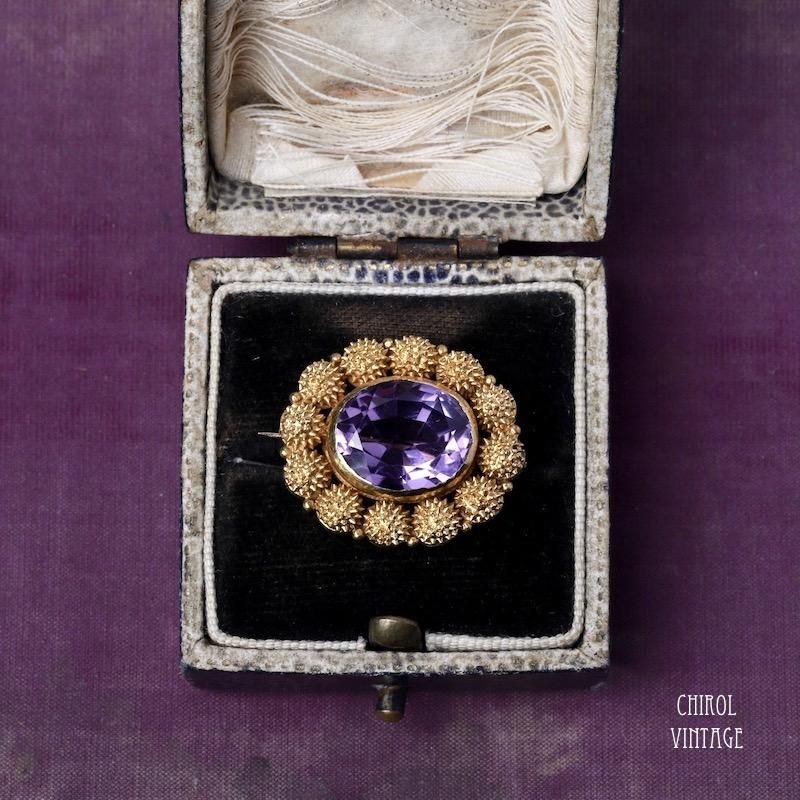 アンティーク 18Kゴールド オーバルアメジストブローチ - CHIROL