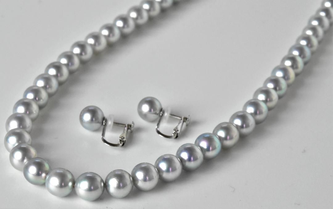 あこやグレー真珠ネックレス・イヤリング2点セット<7.5mm A