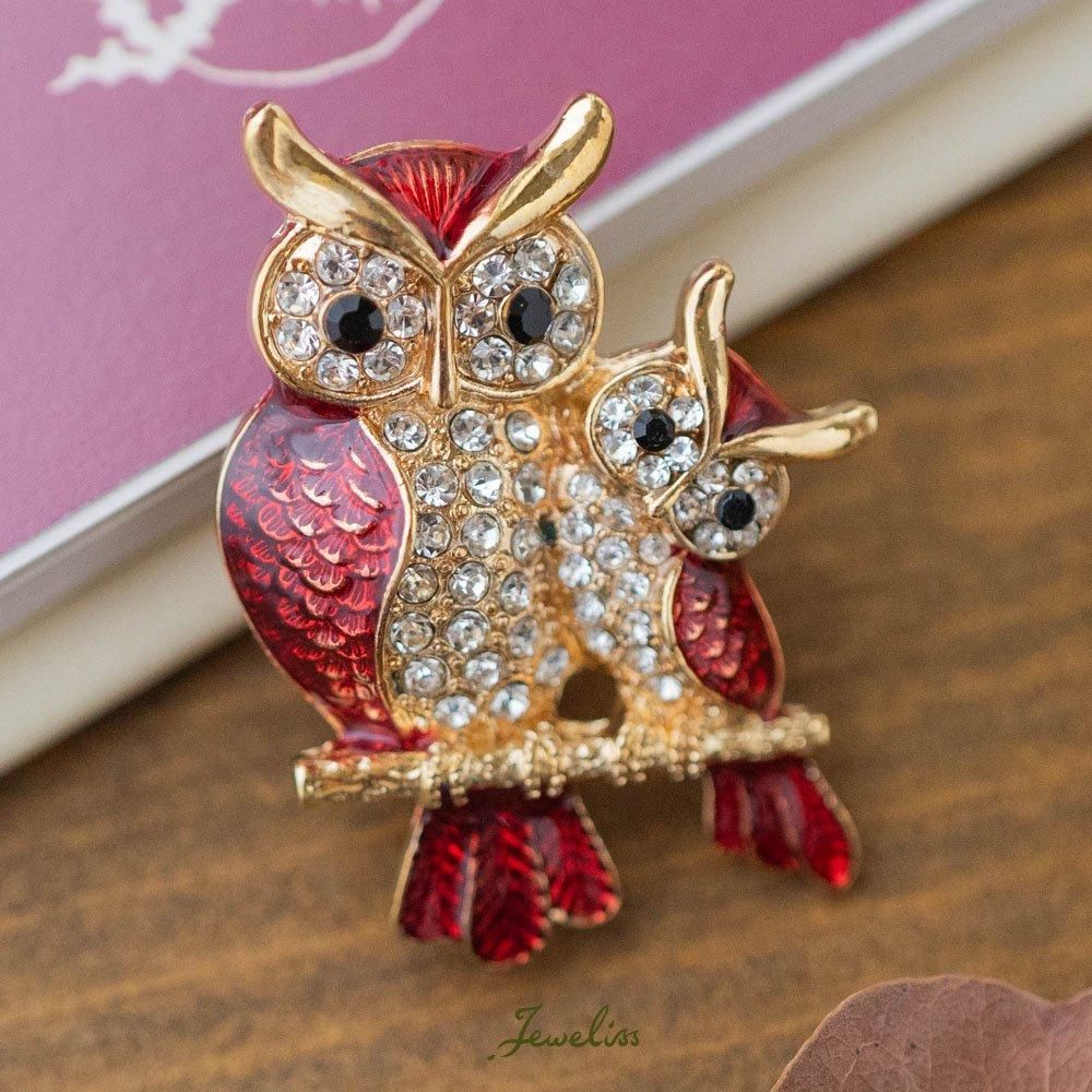 Jeweliss アガットレッド フクロウの親子 クリスタル ブローチ