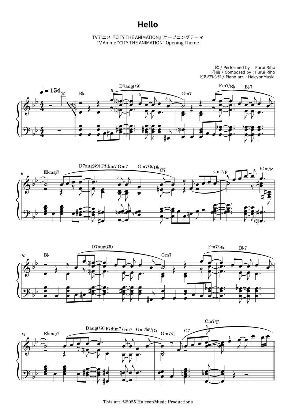 Furui Riho - Hello (CITY THE ANIMATION OP) Piano Sheet PDF