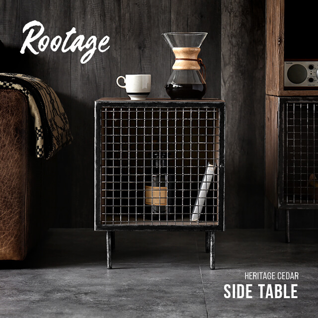 杉古材とアイアンのインダストリアルなボックス型サイドテーブル