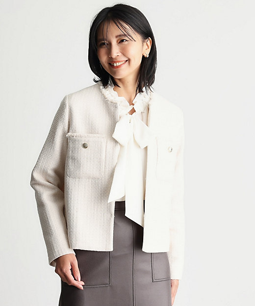 ONOFF活躍／セレモニー／通勤】ツイードノーカラージャケット