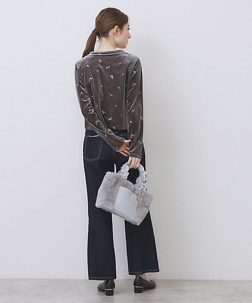 小花刺繍ベロアショートカーディガン【洗濯機OK