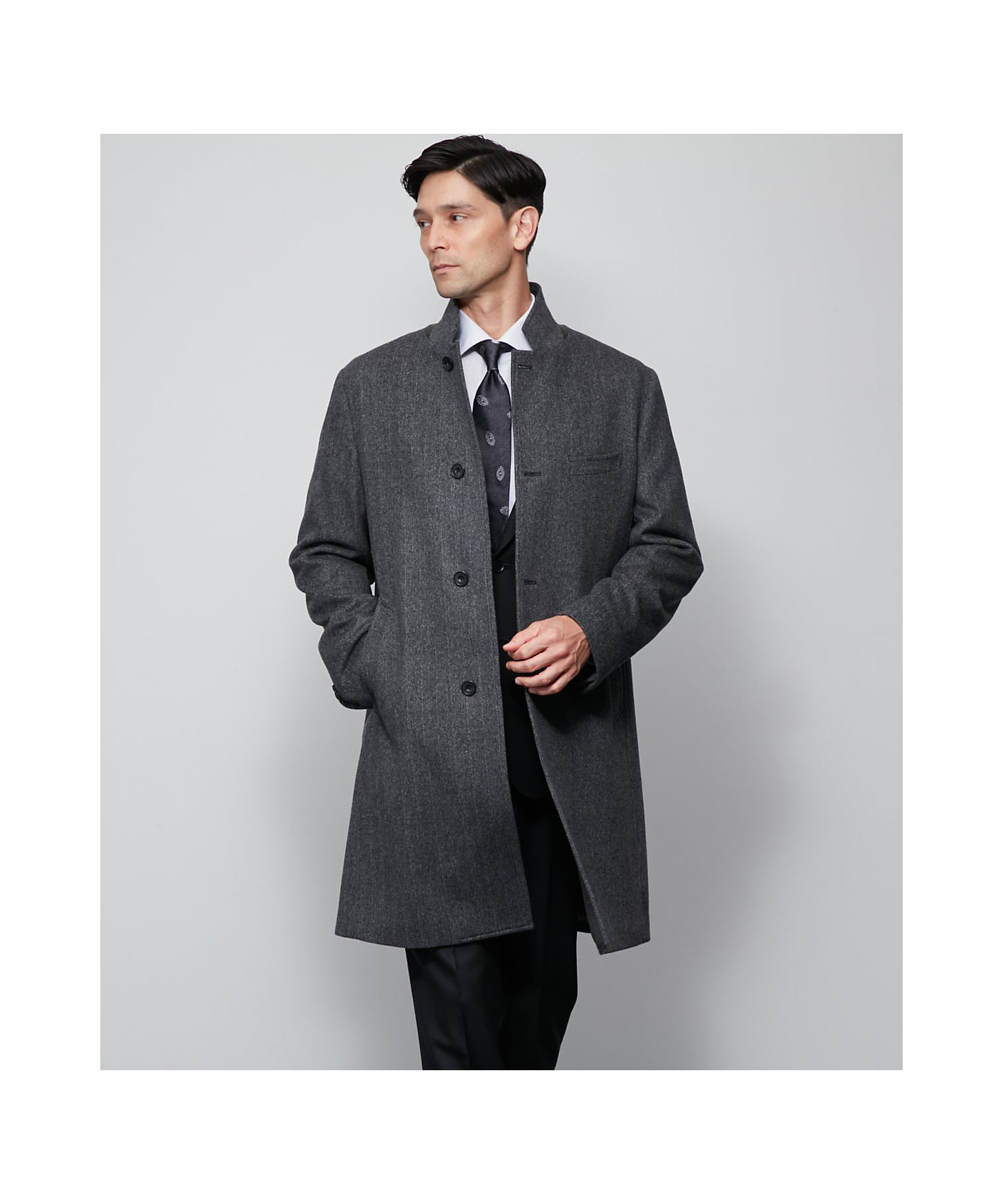 カシミヤ混 ヘリンボーン ビーバー コンバーチブルカラーコート