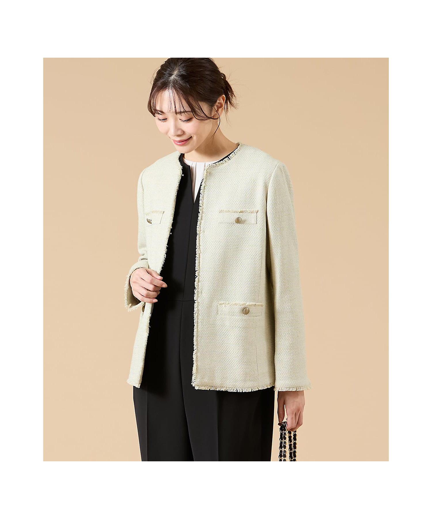 L】ソフトミックスツィード ノーカラージャケット