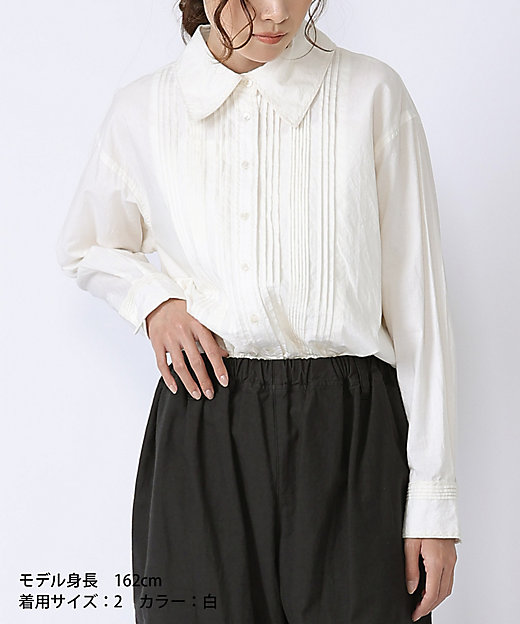 ジュマブラウス・白 ピンタックと手刺繍のロングスリーブブラウス
