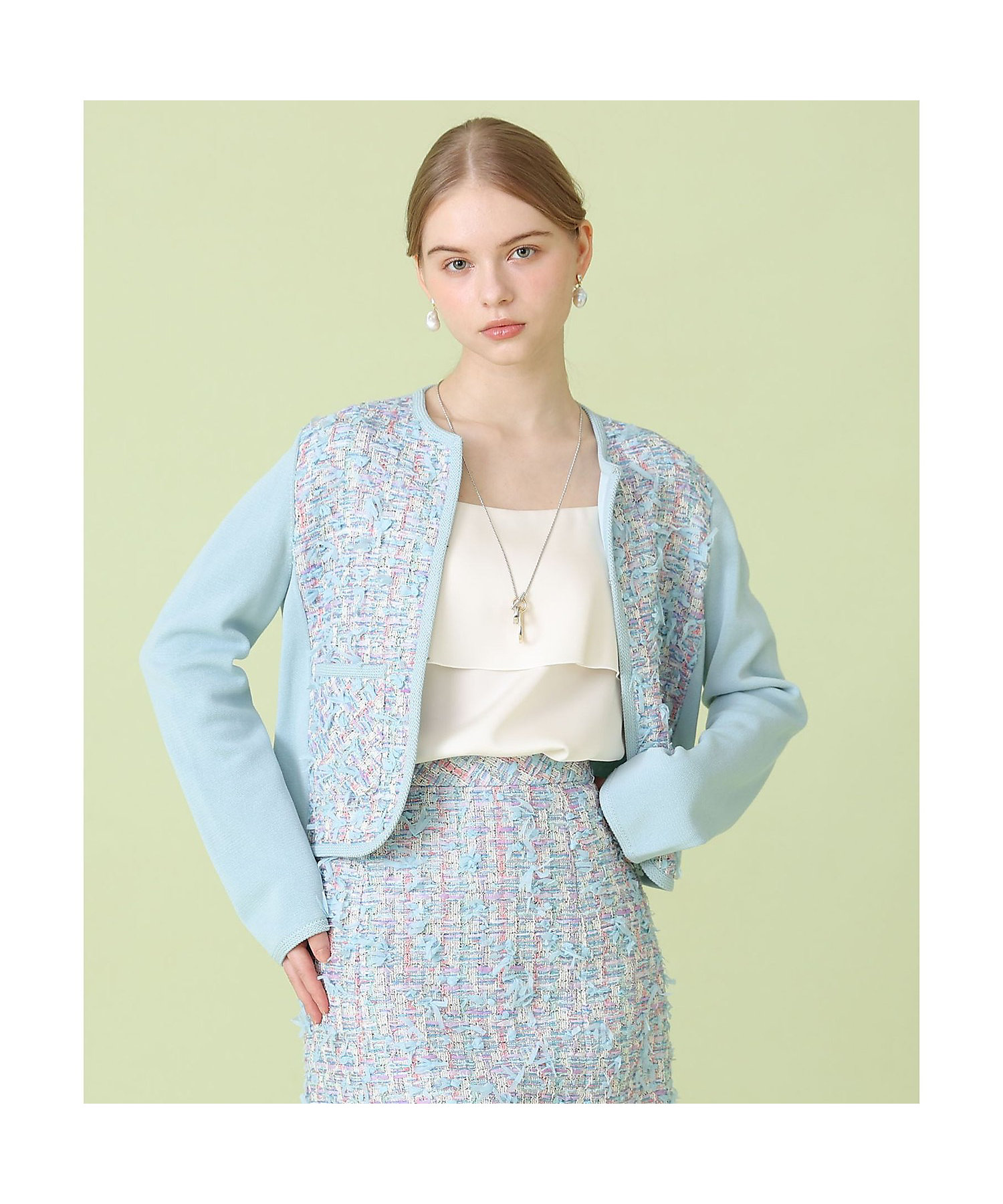 セットアップ対応商品】ブルーミックスツイードコンビ カーディガン