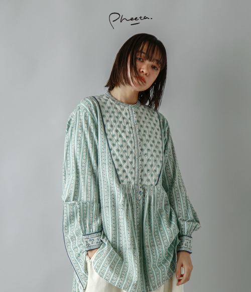 Pheeta(フィータ)コットン ドット×ストライプ 切替 ロングシャツ