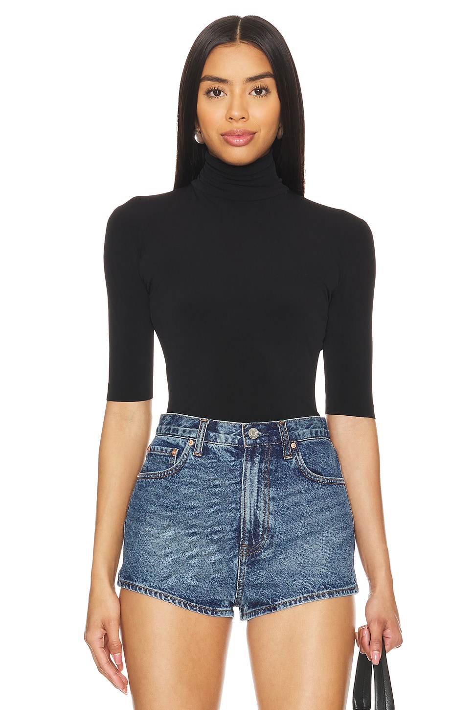Norma Kamali Slim Fit Short Sleeve Turtleneck Top in Black | REVOLVE