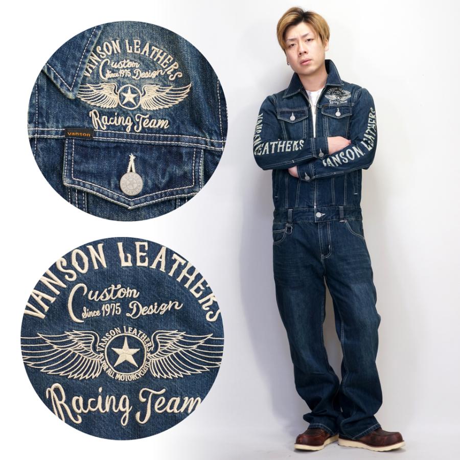 中古 VANSON 総刺繍 デニム オーバーオール つなぎ フライング