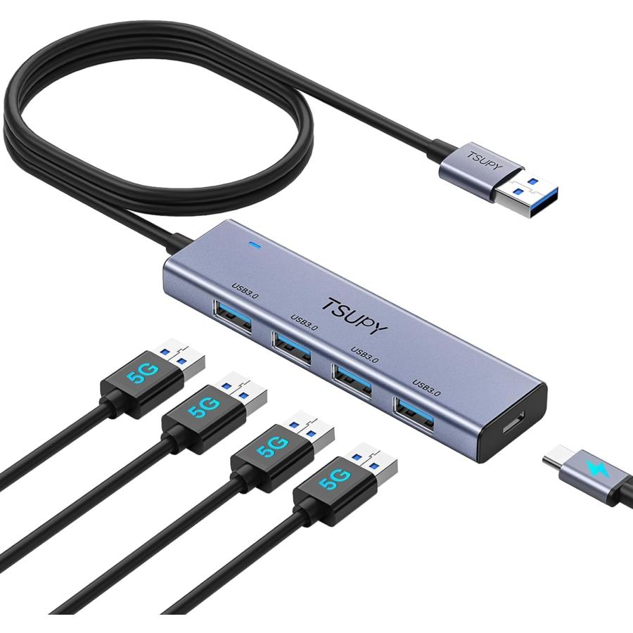 TSUPY アルミ USB ハブ5ポート拡張 120cm 延長ケーブルUSB3.0ハブ5V/3A