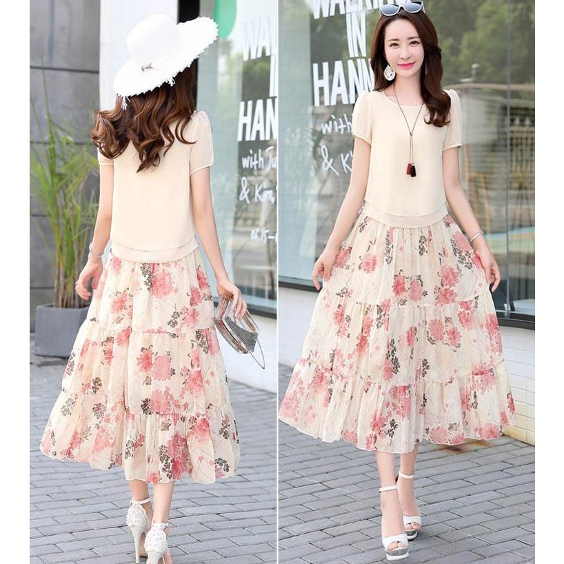 セットアップ 2点セット シフォンブラウス 花柄スカート Aライン