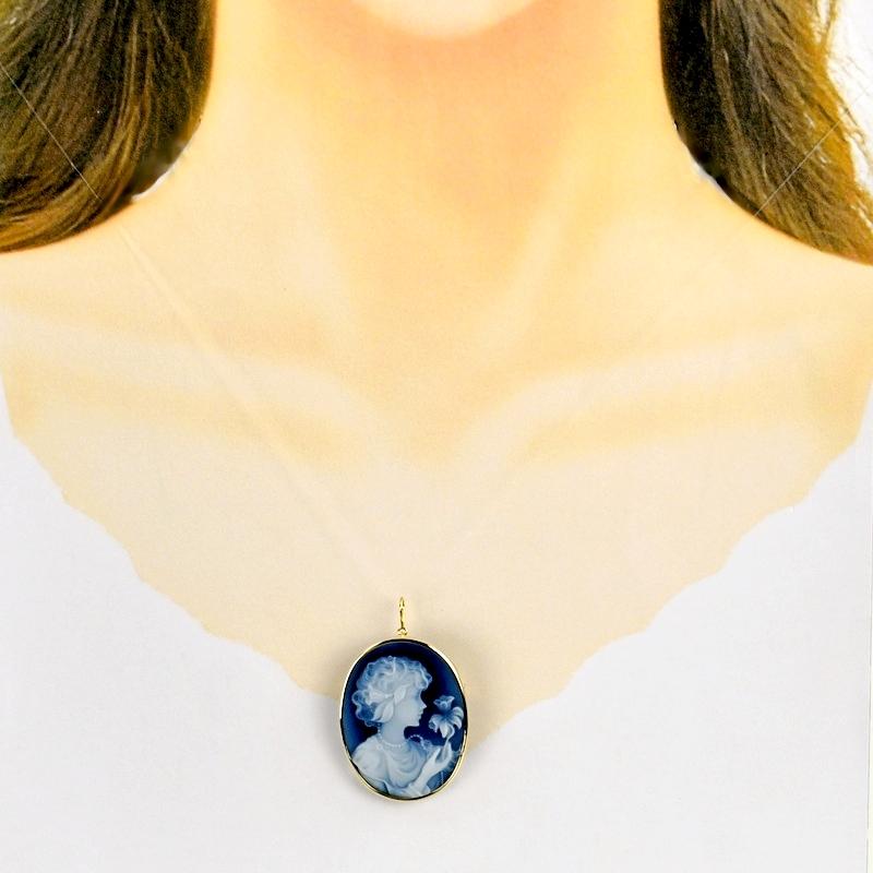 カメオ ブローチ 青 メノウカメオ K18枠 K18YG 2WAYブローチ