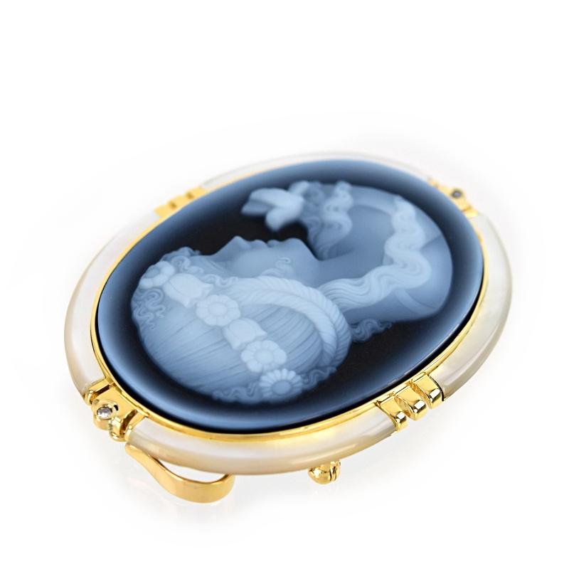 カメオ 2WAY ブローチ ペンダントトップ ブルー系 シェルフレーム