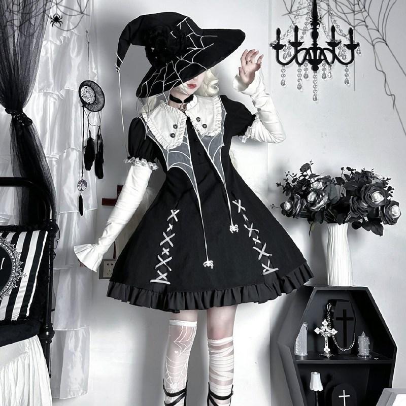 ゴスロリ ワンピース 半袖 長袖 2way 病みかわ クモ 魔女 暗黒 Lolita
