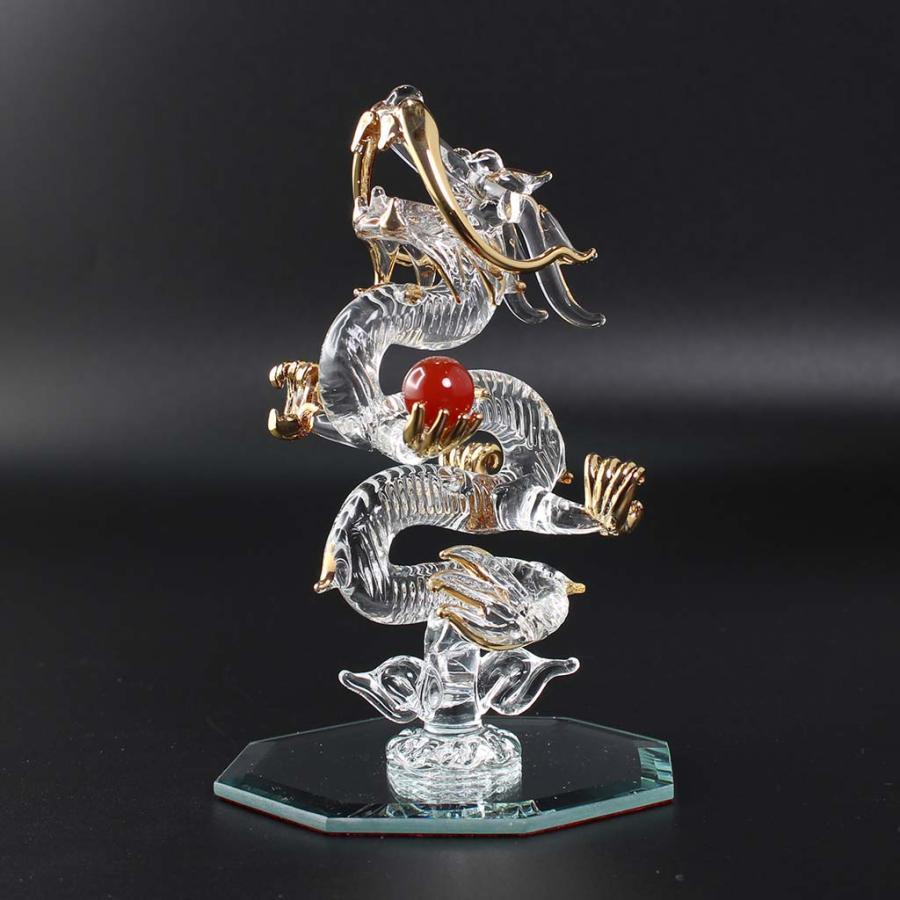 昇龍 ガラス細工 龍の置物 天然石 赤メノウ丸玉 ラピスラズリ 翡翠