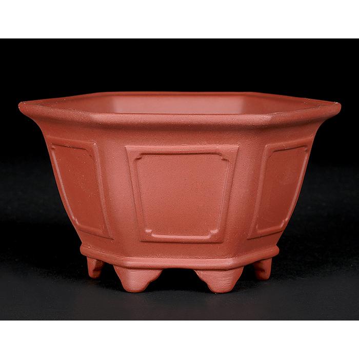 盆栽鉢 紫泥外縁額面六角鉢 朱泥 植木鉢 中国鉢 泥鉢 懸崖鉢 陶器 6号