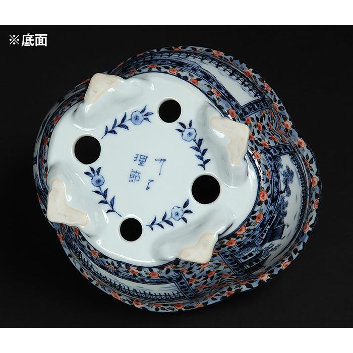 九谷理節染付赤絵窓抜草花山水図木瓜式鉢 盆栽鉢 鉢 植木鉢 盆器 藍