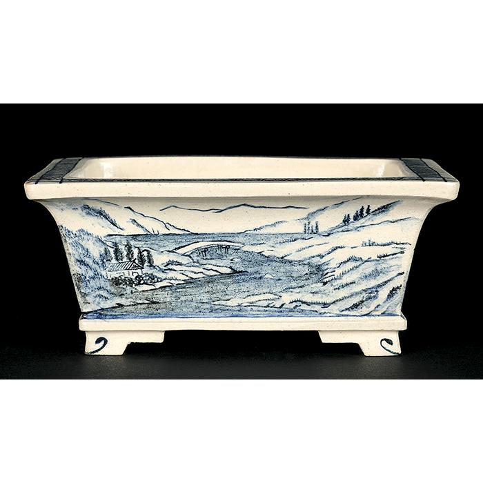 盆栽鉢 「高山染付山水図長方鉢」 植木鉢 絵付鉢 作家鉢 磁器 呉須 4号