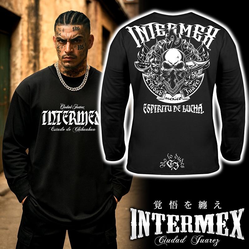 長袖 Tシャツ 服 INTERMEX itm-077 炎 スカル柄 ロンT 黒 白 ドクロ